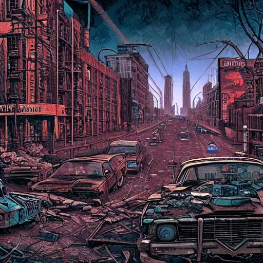 Prompt: abandoned new york city after a nuclear war, post - apocalyptic, fallout, by dan mumford, 4 k