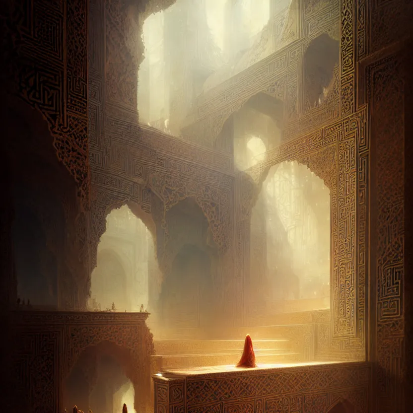 Image similar to magic fluffy Persian carpet & mirror dimension, vertical labyrinth structure, by Greg Rutkowski and Gaston Bussiere, dim lighting, beautiful volumetric-lighting-style atmosphere, surreal atmosphere, intricate, detailed, photorealistic imagery, artstation