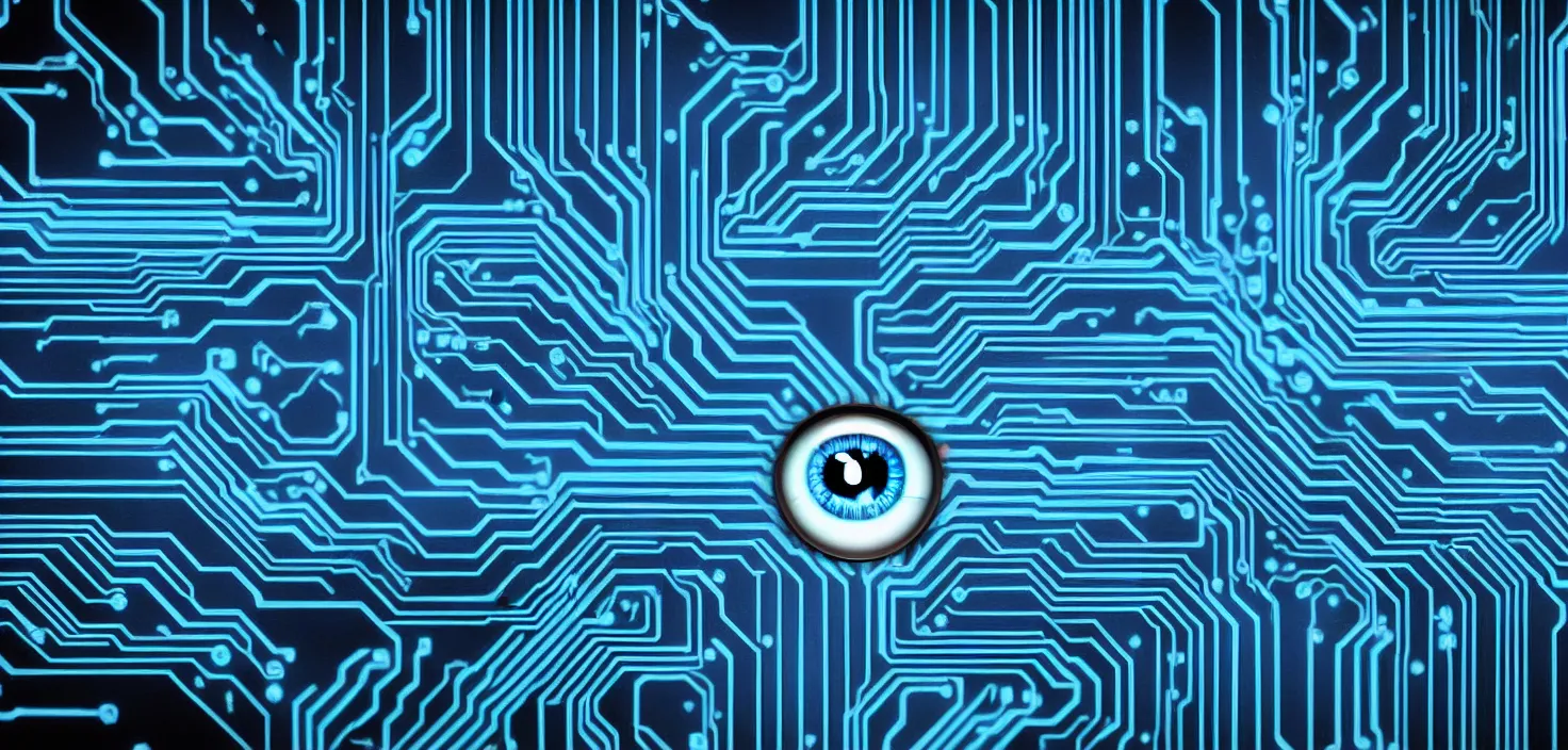 Image similar to a computer circuit board with a blue eye, a computer rendering by karl ballmer, pixabay contest winner, computer art, creative commons attribution, quantum wavetracing, future tech