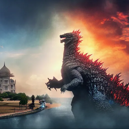 Prompt: godzilla near taj mahal, majestic, breathtaking, lightining in background, ultrafine hyperrealistic detailed illustration by kim jung gi, irakli nadar, intricate linework, sharp focus, bright colors, matte, film still from godzilla king of monsters, final fantasy, unreal engine highly rendered, 8 k, global illumination, radiant light, intricate environment