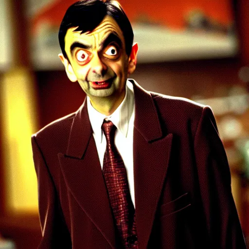 Image similar to mr. bean in vampires kiss. movie still. cinematic lighting.