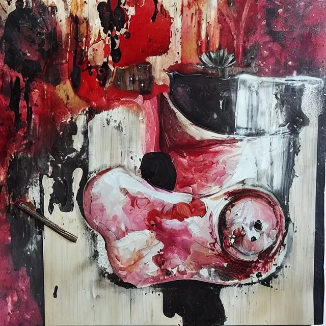 Prompt: “ a portrait in a female art student ’ s apartment, sensual, a pig theme, pork, pottery supplies, pottery work in progress, a candle dripping white wax, pottery glaze, squashed berries, berry juice drips, acrylic and spray paint and oilstick on canvas, surrealism, neoexpressionism ”