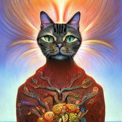 Image similar to a cat having an ego trip, by alex grey, by Esao Andrews and Karol Bak and Zdzislaw Beksinski and Zdzisław Beksiński, trending on ArtStation