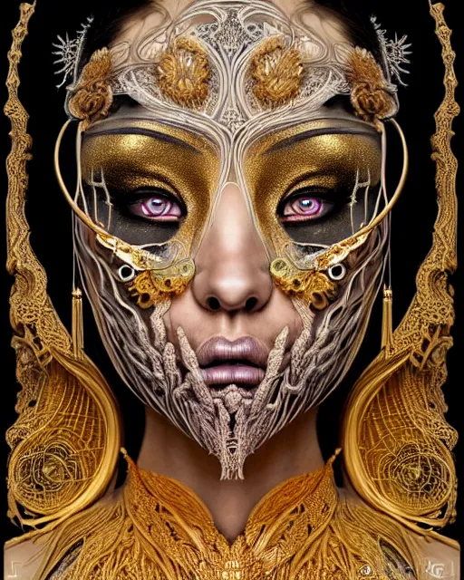 Prompt: hyperrealistic detailed portrait of a beautiful dark goddess in an intricate golden ornamental ritual mask, intricate cyberpunk make - up, insane details, art by ernst haeckel, nekro borja, android jones, alphonso mucha, gothic - cyberpunk, ornamental, beautiful deep colours,