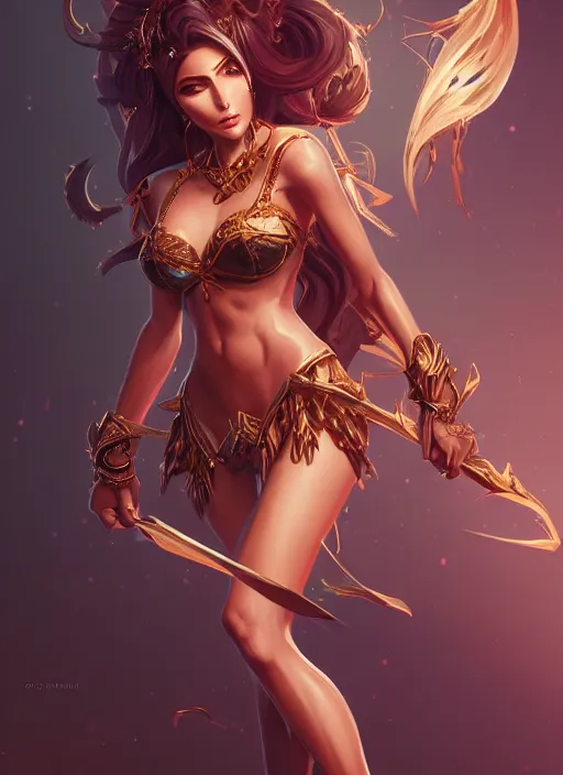 Prompt: a highly detailed illustration of tan goddess ishtar, elegant seductive pose, intricate, elegant, highly detailed, centered, digital painting, artstation, concept art, smooth, sharp focus, league of legends concept art, wlop