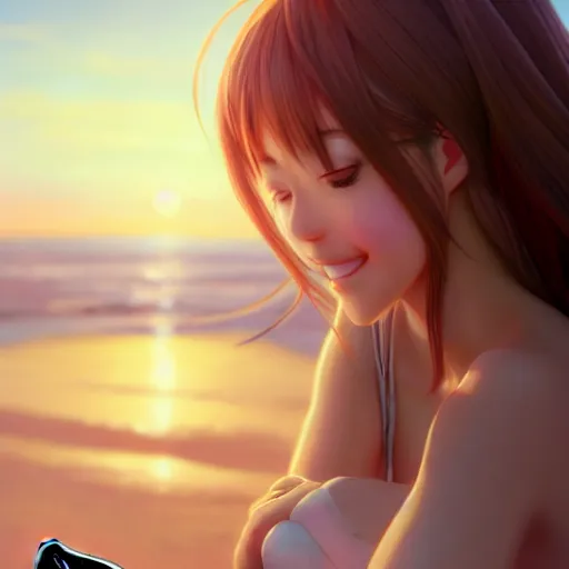 Image similar to beautiful serene intricate very detailed portrait of a realistic anime girl taking a selfie, smiling softly, wearing light loose clothing, relaxing on the beach, golden hour, soft focus, 8 k, art by irakli nadar, hyperrealism, hyperdetailed, ultra realistic