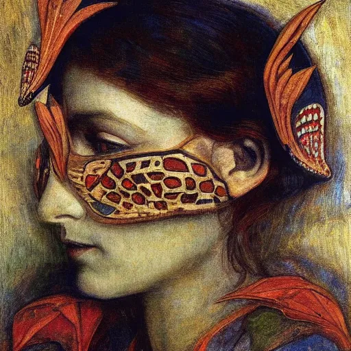 Image similar to the queen in her moth mask, by Annie Swynnerton and Diego Rivera, in profile, symbolist, dramatic lighting, elaborate geometric ornament, Art Brut ,god rays, soft cool colors,smooth, sharp focus, extremely detailed, Adolf Wölfli