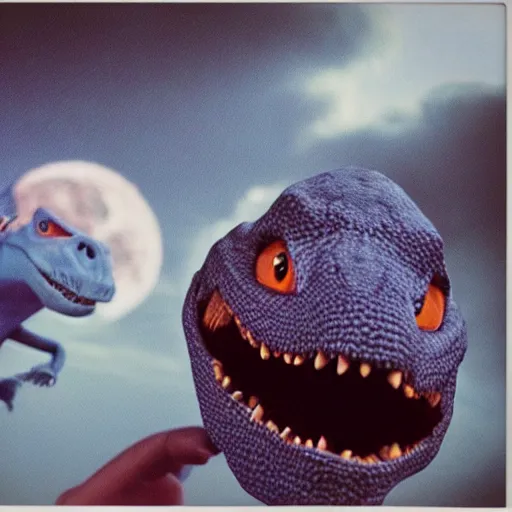 Prompt: polaroid of a happy dinosaur couple as the asteroid hits cinematic 3 5 mm 8 k hdr