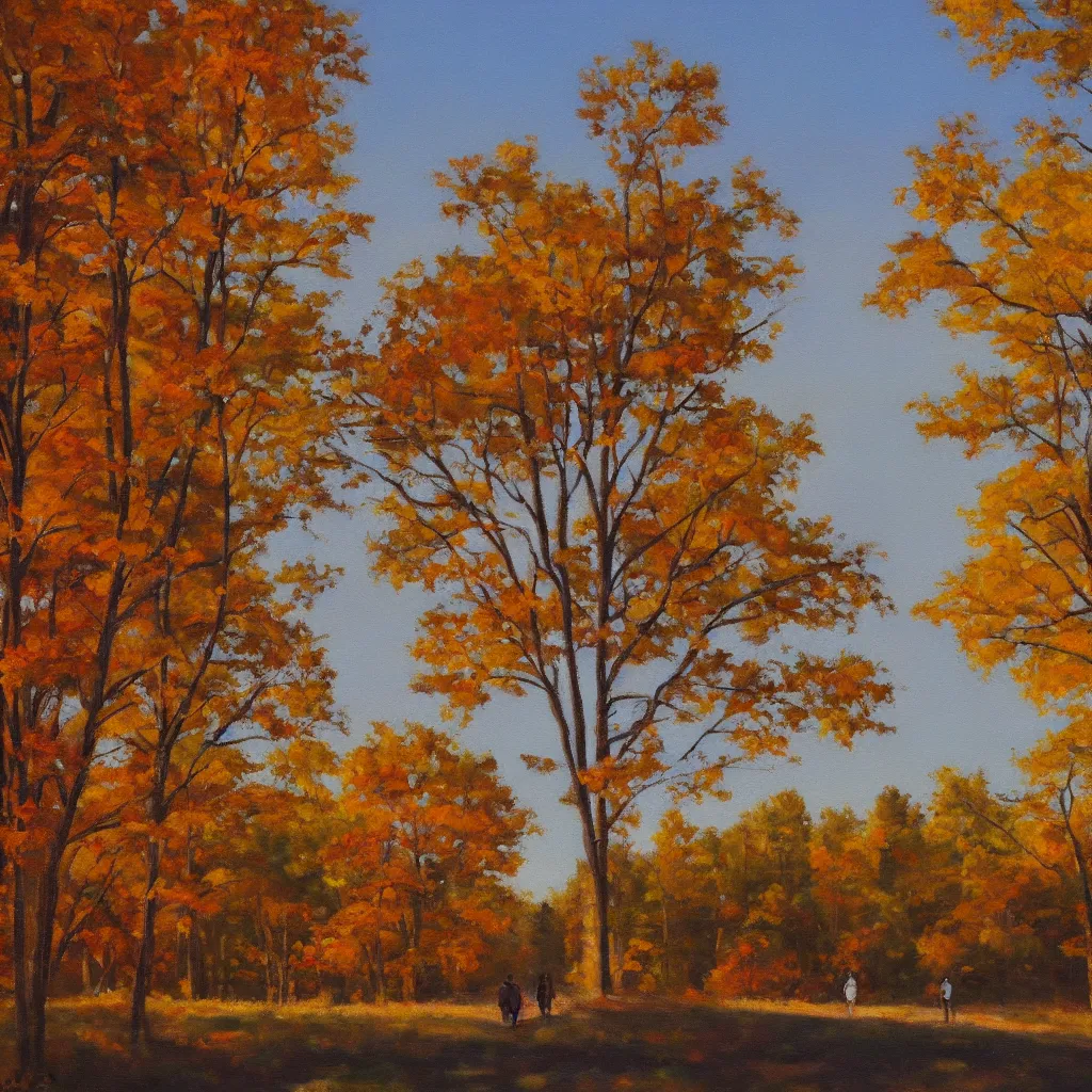 Image similar to modern american realist oil painting of walking together in the late afternoon golden hour light of gatineau park in october