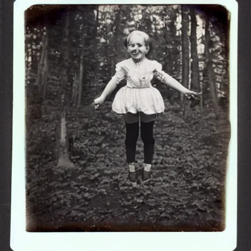 Prompt: Polaroid photo of Victorian child with a wide grin floating ten feet above the ground in a thick forest