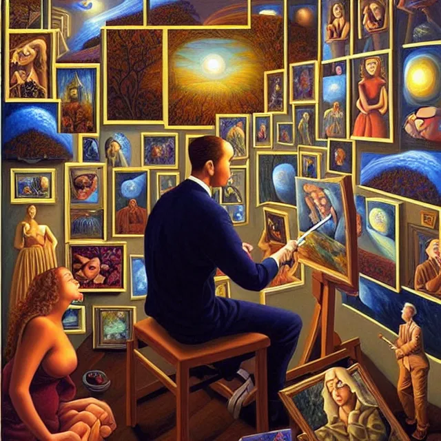 Prompt: an oil on canvas portrait of a man painting a portrait of a beautiful woman surrounded by portrait paintings, surrealism, surrealist, cosmic horror, rob gonsalves, high detail