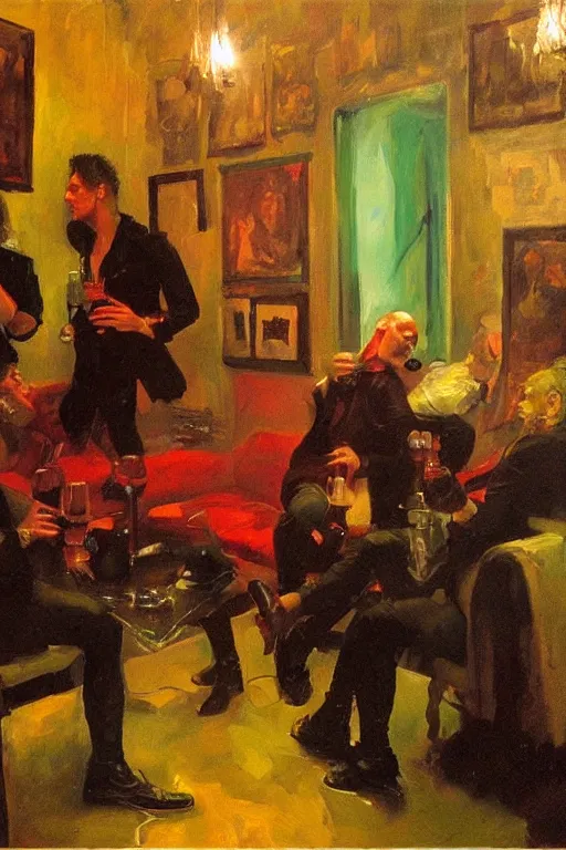 Image similar to glam rockers drinking brutal and raw wine, inside a tiny green room with red lights by joaquin sorolla, greg rutkowski, bill sienckiwicz, extremely detailed