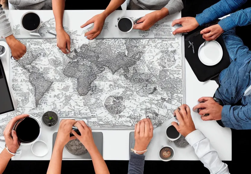 Image similar to “top view of powerful people sitting at a table with a map, digital art, award winning, 4k”