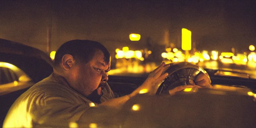 Prompt: low angle camera shot of a overweight drunk man sitting in a taxi by night, moody cinematography of roger deakins, shot on film, grain, hyper realistic ,