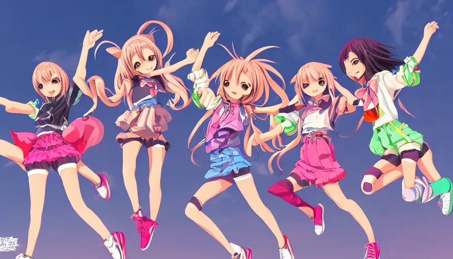 Prompt: group of cute anime characters jumping, colorful outfits, short miniskirts, lightly dressed, ultra detailed digital art, hyper real, detailed, group photo, ultra detailed, ground up angle