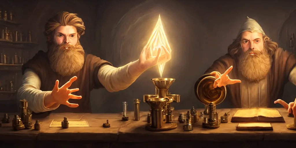 Prompt: a handsome bearded white male wizard with brown hair he is casting a spell emanating from his hands, he is in a alchemist workshop filled with beakers and equipment, neurral hand pose, neutral pose, sharp focus, waist up, 4 k, by greg rutkowski, rudy siswanto and anna podedworna