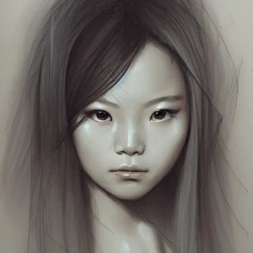 Prompt: a beautiful hyper realistic portrait pencil sketch from a picture of a asian girl with stoic attitude by peter mohrbacher technical drawing blueprint diagram