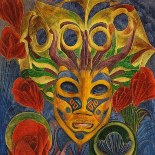 Image similar to closeup of a facemask made of flowers, by annie swynnerton and jean delville and edward hopper and diego rivera and evelyn de morgan and rufino tamayo, dark flower shaman, art brut, outsider art, symbolist, dramatic lighting, god rays, elaborate geometric ornament, clean crisp graphics, smooth sharp focus, extremely detailed, adolf wolfli