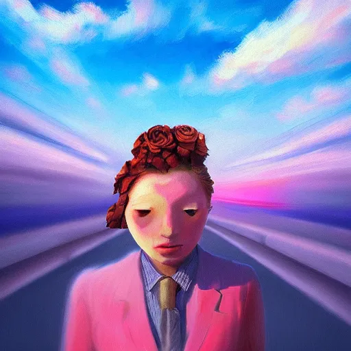 Image similar to closeup, giant rose flower head, frontal, girl in a suit, surreal photography, sunrise, blue sky, dramatic light, impressionist painting, digital painting, artstation, simon stalenhag