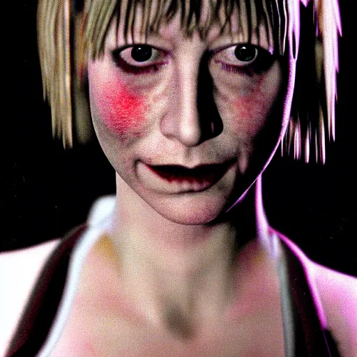 Prompt: close up portrait of heather mason in silent hill 3, on stage at heaven's night nightclub, 8 k, realistic,, richard avedon photography