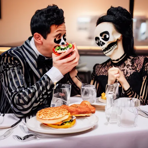 Prompt: A photo of two elegantly dressed skeletons sharing a cheeseburger on a romantic evening in a restaurant. Nikon D750 35mm iso 100