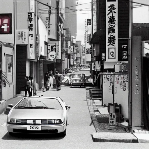 Prompt: 1950s Japan street with DeLorean parked