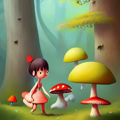 Image similar to goro fujita ilustration a cheerful girly monster collecting mushrooms in the forest, painting by goro fujita, sharp focus, highly detailed, artstation