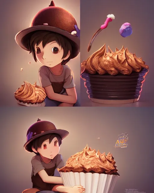 Image similar to a boy as personification of chocolate cupcake, cute fantasy hats, unreal engine, highly detailed, art by artgerm, tooth wu, studio ghibli, sharp focus, artstation, fractal biscuits, a fantasy bakery by studio ghibli, makoto shinkai, global illumination, sweets, dog