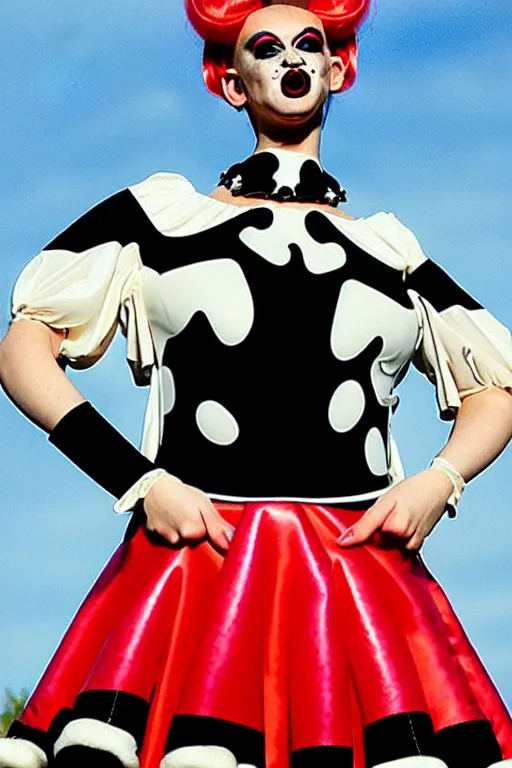 Prompt: Haute couture y2k Dutch milkmaid costume with exposed midriff and prosthetic udders. Drag queen, campy. Cow Costume with Udder. Cloven Hoof Go-go Boots. Puff sleeves, ruched bodice. Ruffled skater skirt. Choker necklace with a large cow bell on it. Thierry Mugler. Iris Van Herpen.