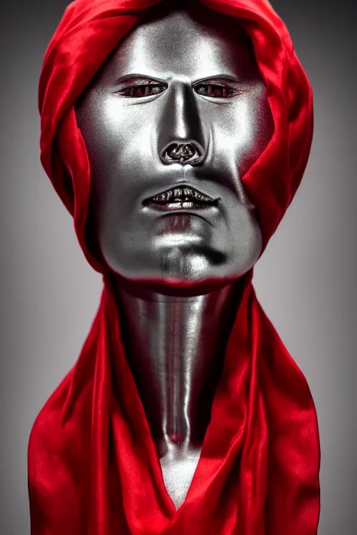 Image similar to chrome cyclops head statue layed on a red silk fabric, by hedi xandt and antonio corradini, macabre art, dark surrealism, epic and cinematic view, volummetric light, texturized, detailed, 8 k