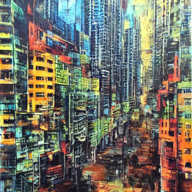 Prompt: streets of mumbai, future, mossy buildings, high fidelity, uncompressed, photorealistic oil painting, straight lines