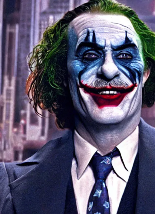 Image similar to film still of tom selleck as the joker in the dark knight, 4 k