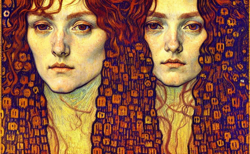 Image similar to detailed realistic beautiful young medieval queen face portrait by jean delville, gustav klimt and vincent van gogh, art nouveau, symbolist, visionary, gothic, pre - raphaelite, muted earthy colors, desaturated