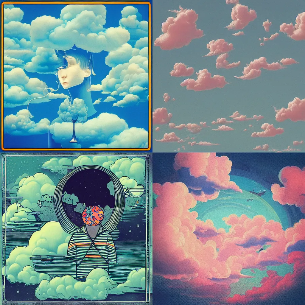 Prompt: “cross with cotton candy clouds surrounding it, album art in the style of James Jean”