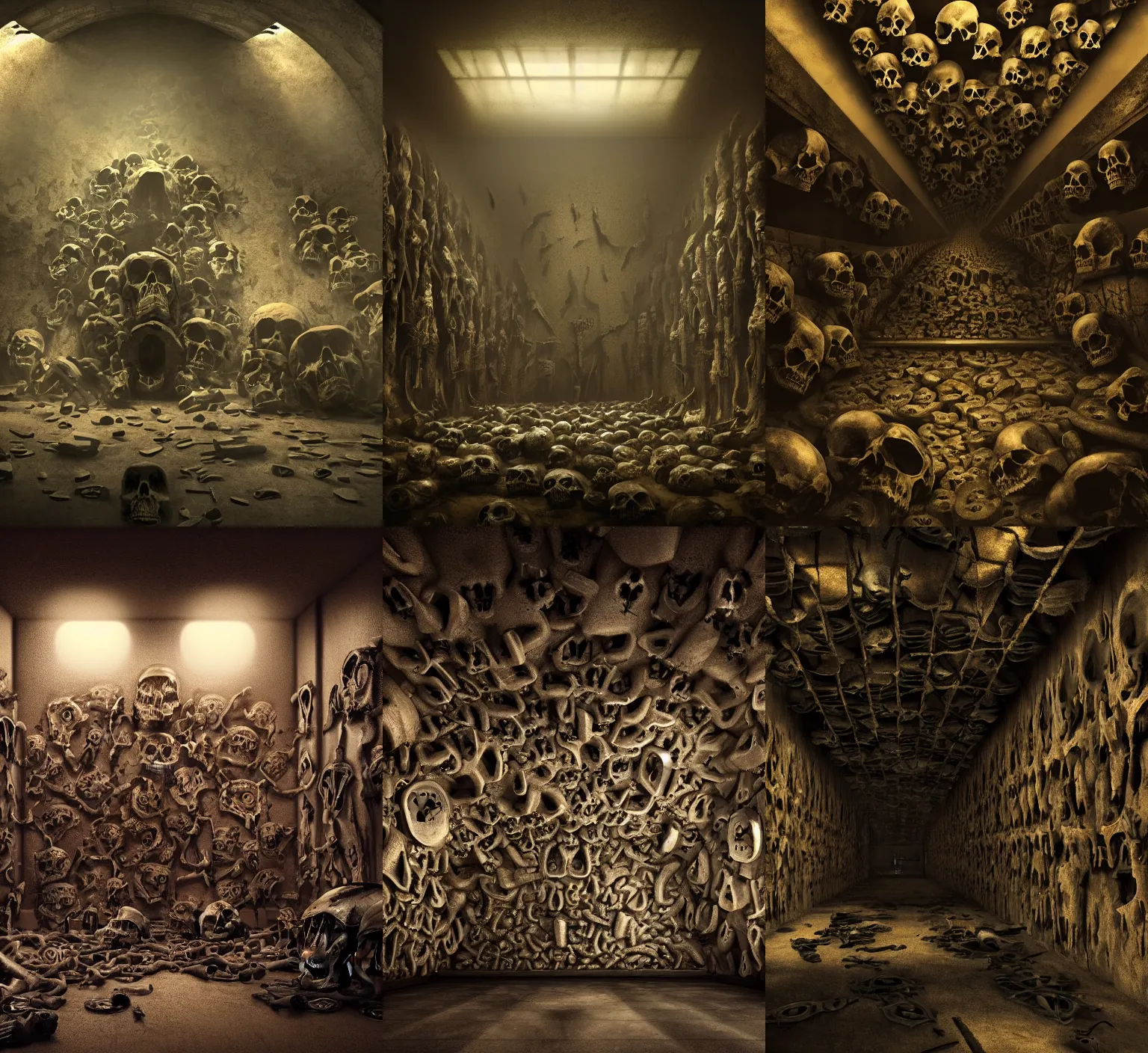 Prompt: creepy cinematic low angle shot of a realistically rendered metal room and a wall of skulls, matte painting, illustration, dramatic lighting, moody lighting, dark colors, golden ratio, rule of thirds, environmental design, cinematic perspective, 8 k, realistic lighting, realistic shading, octane render, in the style of lawrence g paull set design