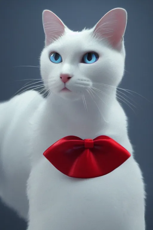 Image similar to a white cat with blue eyes wearing a red formal overcoat, hyperrealistic, concept art, octane render, unreal engine 5, realistic and defined face, profile picture, digital art, pixar and disney style, symmetrical, high quality, highly detailed, high coherence, path traced, house background, low contrast, beautiful, elegant clothes