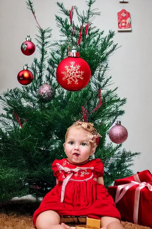 Prompt: retro photo cat in cute baby dress on the background of a retro christmas tree with 1 9 7 0 new year's toys, ussr, sovet ; kodak ektar, 2 0 0 iso, 3 5 mm lens, bill henson style beautiful chiaroscuro lighting, beautiful colour palette, beautiful and realistic, wide shot