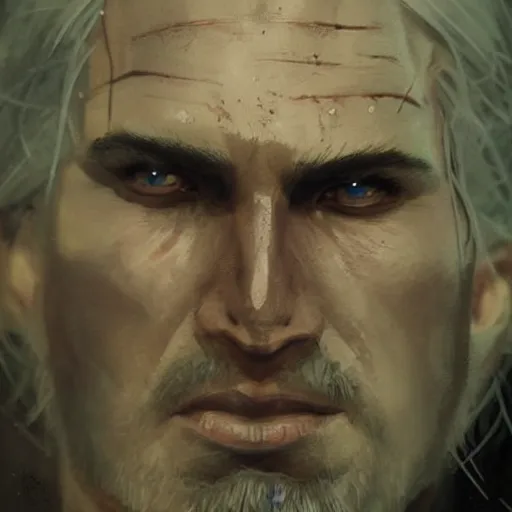 Prompt: geralt of rivia, drunk, close up, portrait, sinister atmospheric lighting. highly detailed painting by greg rutkowski, anime style