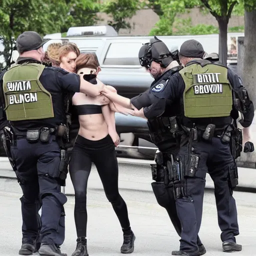 Prompt: emma watson being arrested by a swat team