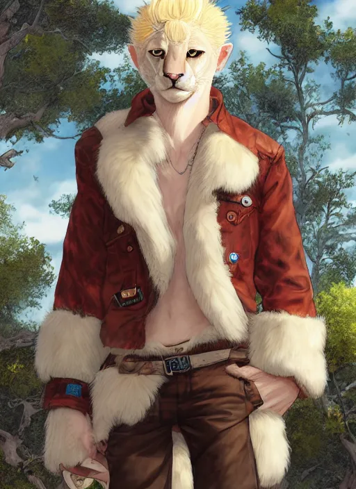 Image similar to character portrait of a anthro! albino mountain lion wearing miner's clothes. hidari, color page, tankoban, 4K, tone mapping, Akihiko Yoshida.