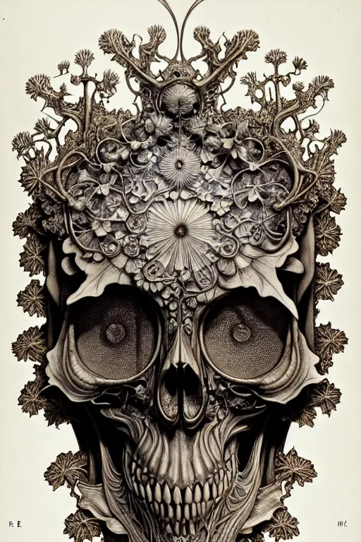 Image similar to art forms of nature by ernst haeckel, memento mori by arthur rackham, ornate antique porcelain beautiful skull mask, ultrasharp, photorealistic, hyperdetailed, octane render, polished, art nouveau, neo - gothic, gothic, intricate ornamental organic filigree, art nouveau botanicals, art forms of nature by ernst haeckel, horizontal symmetry, symbolist, visionary