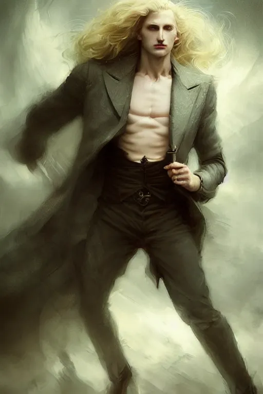 Image similar to johan liebert mixed with alucard picture by Greg Rutkowski, long fluffy blond curly hair, baroque curls, dynamic pose, matte painting, intricate, z brush, fantasy concept art, elegant, by Stanley Artgerm Lau, WLOP, golden ratio, thomas kindkade, alphonse mucha, loish, Peter chung, norman Rockwell,