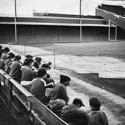 Prompt: 70mm photo of a youth baseball team trying to eat the bleachers, but the coaches are pulling them away