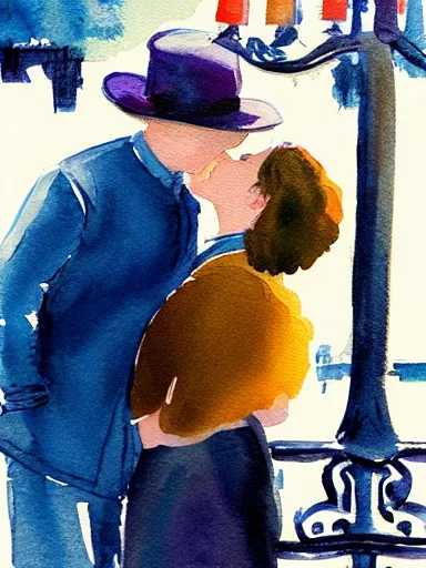 Image similar to water color painting, artwork by saul leiter, of a solo individual portrait of a guy and a girl kissing, dapper, simple illustration, nostalgic, very realistic, full of details, trending on artstation