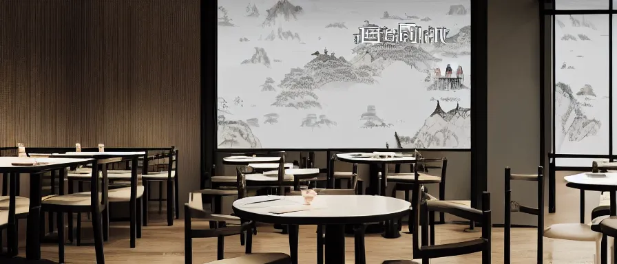 Image similar to a beautiful simple interior 4 k hd wallpaper illustration of small roasted string hotpot restaurant restaurant yan'an pagoda hill, animation illustrative style, from china, restaurant theme wallpaper is tower and mountains pagoda hill, rectangle white porcelain table, black chair, simple style structure decoration design, victo ngai, james jean, 4 k hd