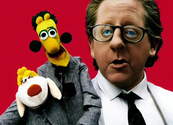 Image similar to film still of Robert California as a muppet from The Office, 4k