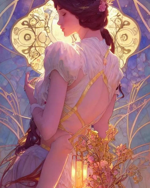 Prompt: secret romance, highly detailed,, gold filigree, romantic storybook fantasy, soft cinematic lighting, award, disney concept art watercolor illustration by mandy jurgens and alphonse mucha and alena aenami, pastel color palette, featured on artstation