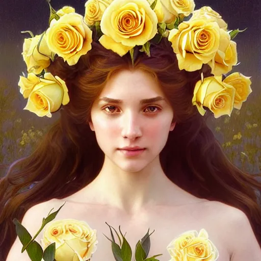 Image similar to perfectly detailed goddess princess of yellow roses!! blessed by nature with ever - increasing physical mental perfection, symmetrical! intricate, highly detailed, biblical divine holy perfection!! digital painting, artstation, concept art, smooth, sharp focus, illustration, art by artgerm and greg rutkowski and alphonse mucha