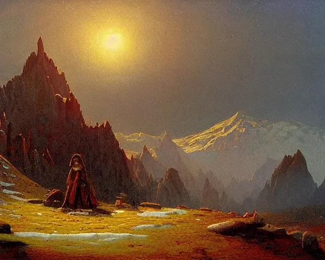 Prompt: Hyperborea landscape painting by Vsevolod Ivanov and Albert Bierstadt!!!