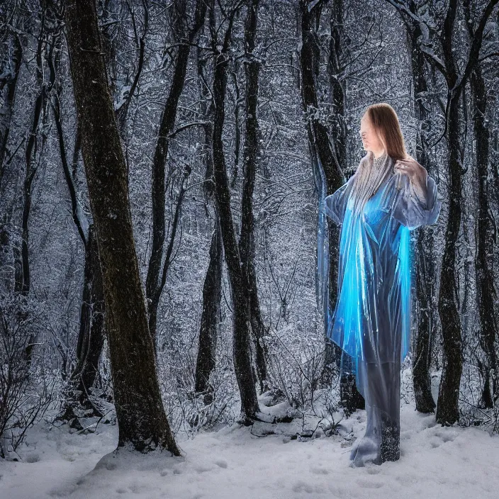 Prompt: portrait of a woman wrapped in bioluminescent fabric, standing in a snowy forest at night, color photograph, by jan van eyck, canon eos c 3 0 0, ƒ 1. 8, 3 5 mm, 8 k, medium - format print